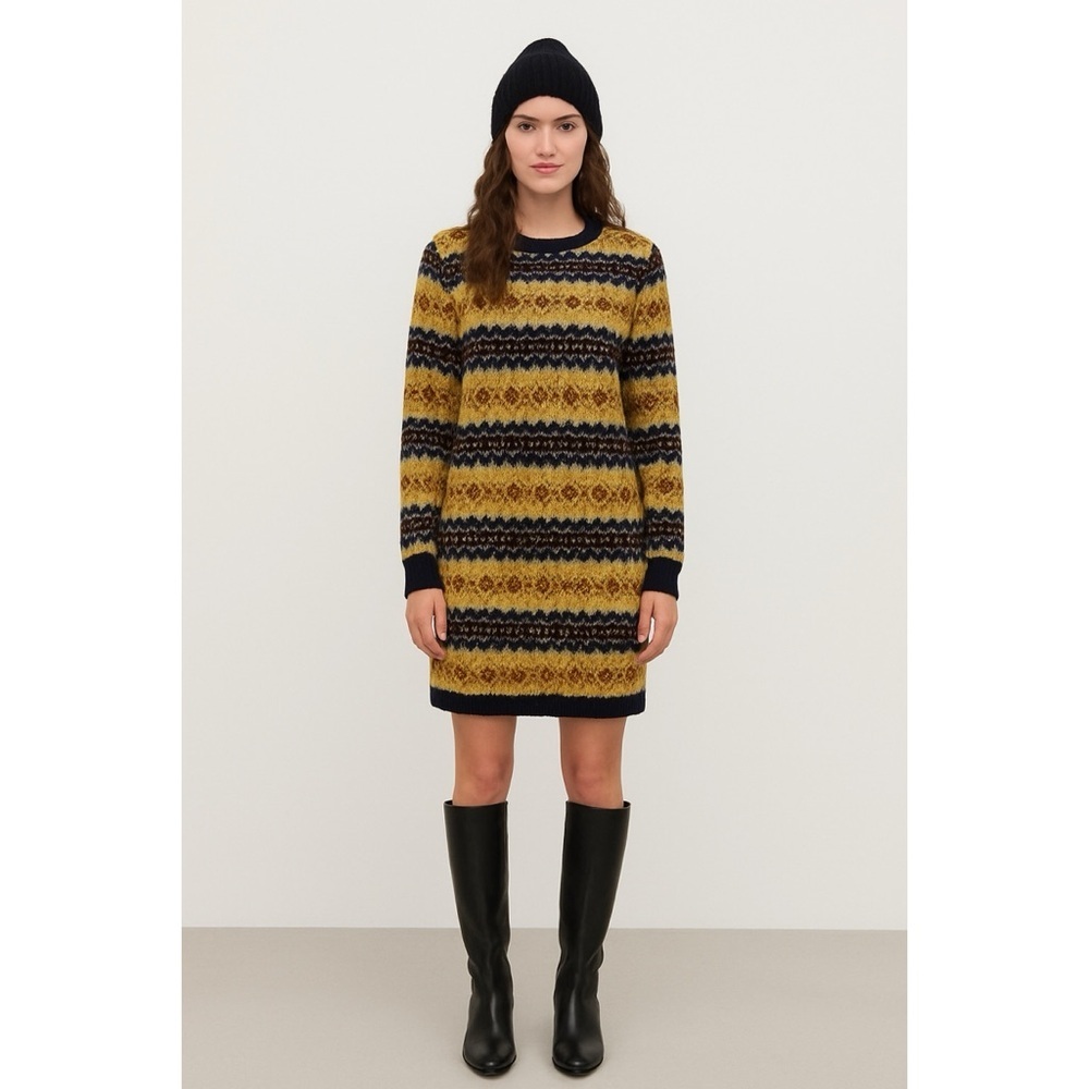 Ralph Lauren Fair Isle Knit Sweater Dress Navy Yellow Medium Midi Cozychic Prep